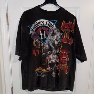 Black Graphic T-Shirt with Wolf Design